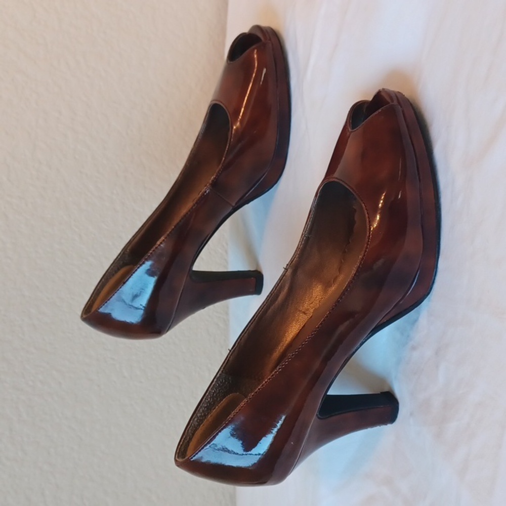3/$25 SALE Candies Peep Toe Platform Heel Brown Tortoise Patent Leather Womens 6 - Picture 2 of 14
